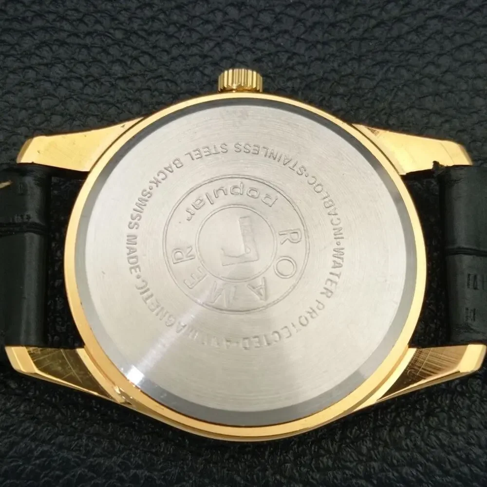 Vintage 1978 Roamer Manual Mens Gold Watch W/Leather Strap & Green accents